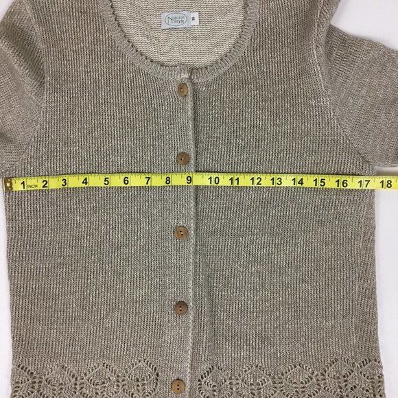 Natural Style Cardigan Sweater Linen Blend Open Weave Embellished - Picture 9 of 11